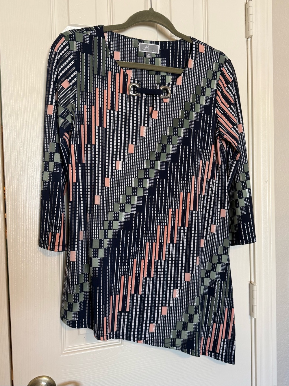 JM Collection Navy Geometric Lace-Up Tunic with Pink and Olive Accents
